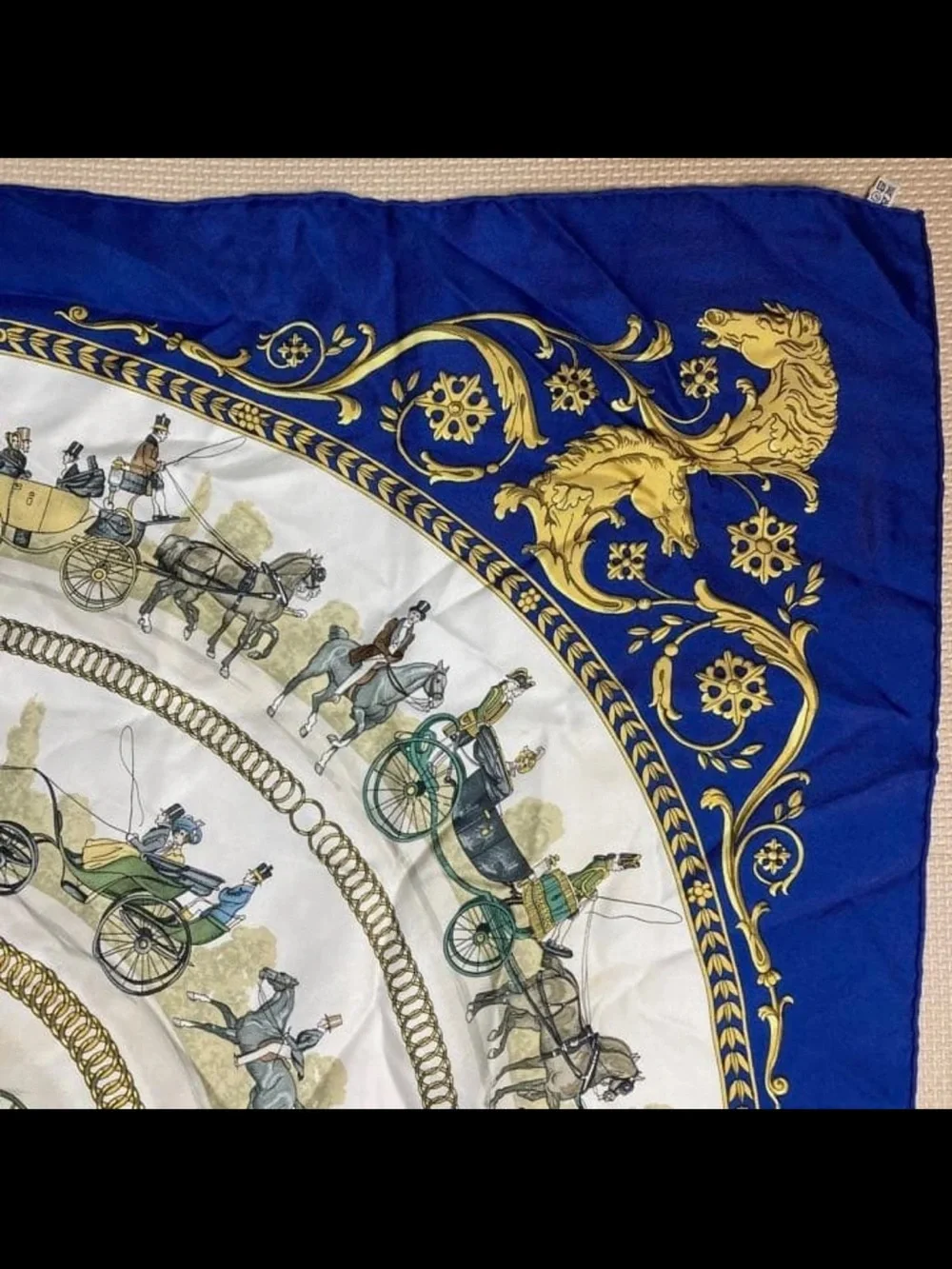 Hermes Royal Blue, White & Gold Carriage Silk Scarf